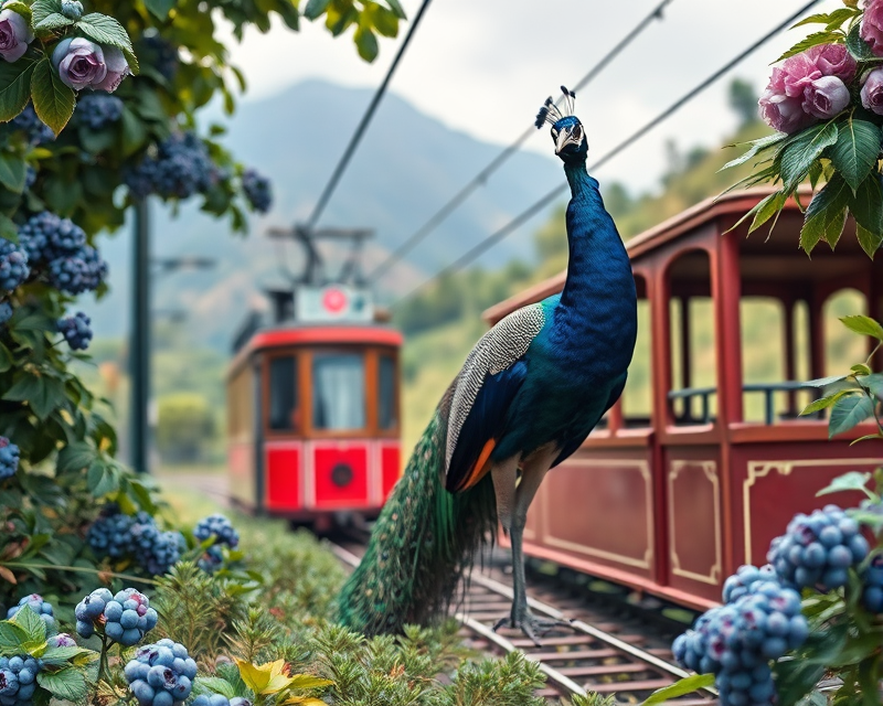 peacock, cable car, blueberry